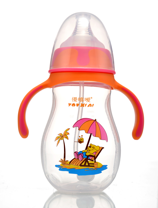 優(yōu)嘻噯炫彩PP寬口自動奶瓶300ml橙黃色